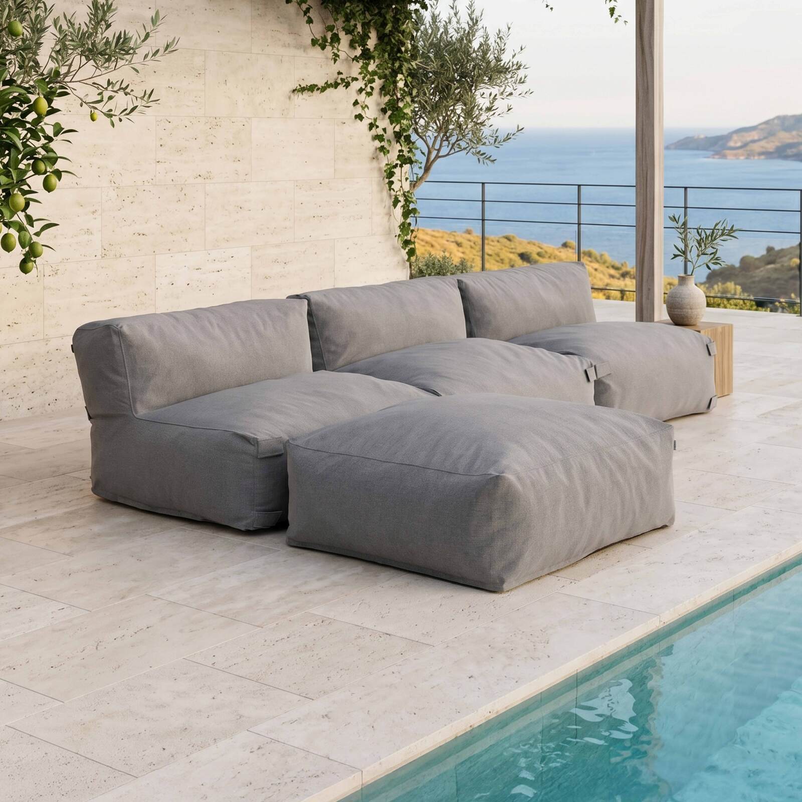 Sofá modular de exterior para 4 personas con 3 sillones y 1 puf