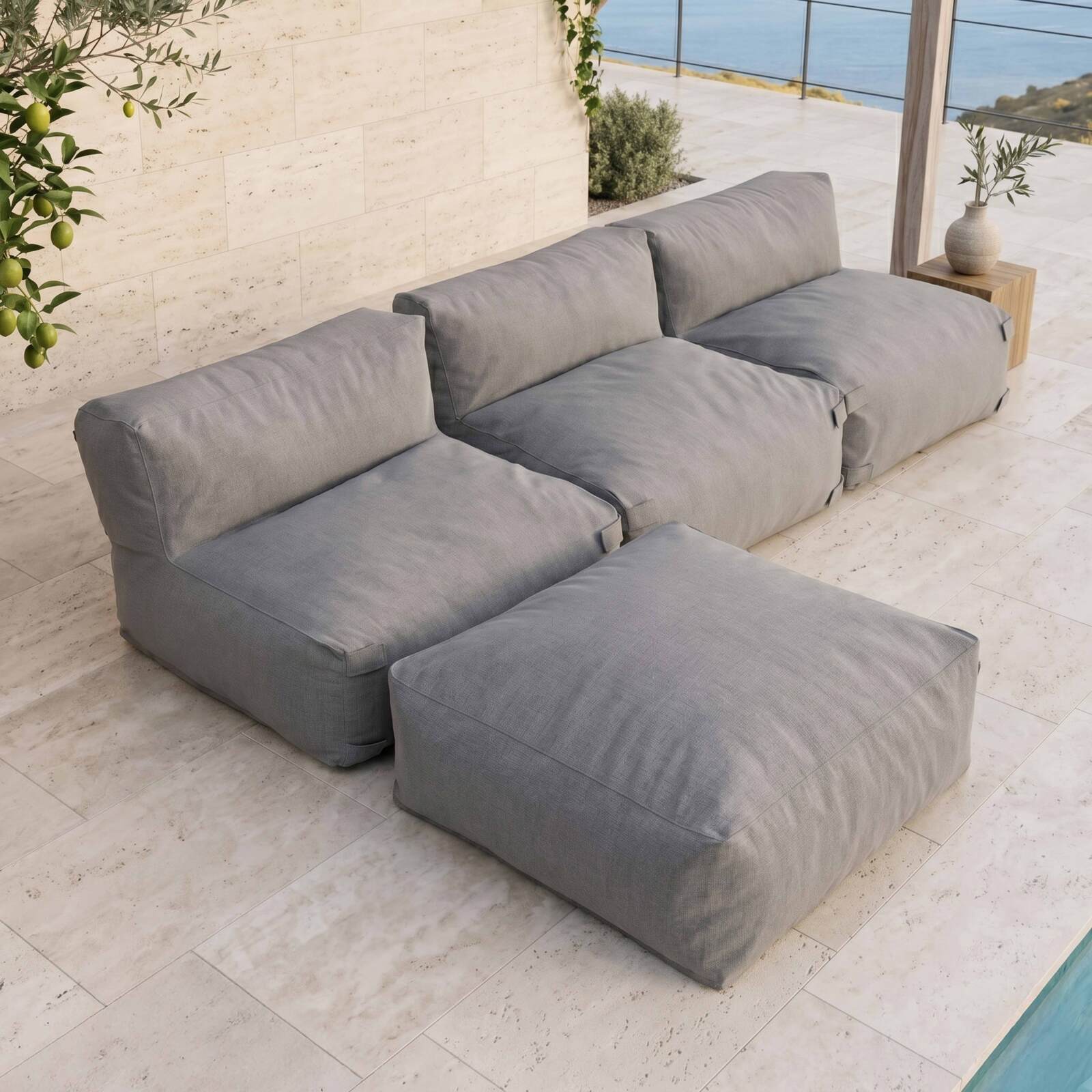 Sofá modular de exterior para 4 personas con 3 sillones y 1 puf