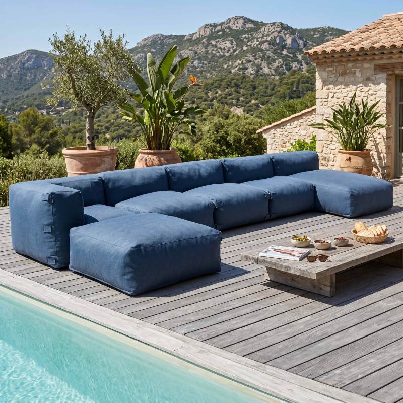Sofá modular de exterior para 6 personas con 3 sillones, 1 sillón esquinero, 1 chaise longue y 1 puf