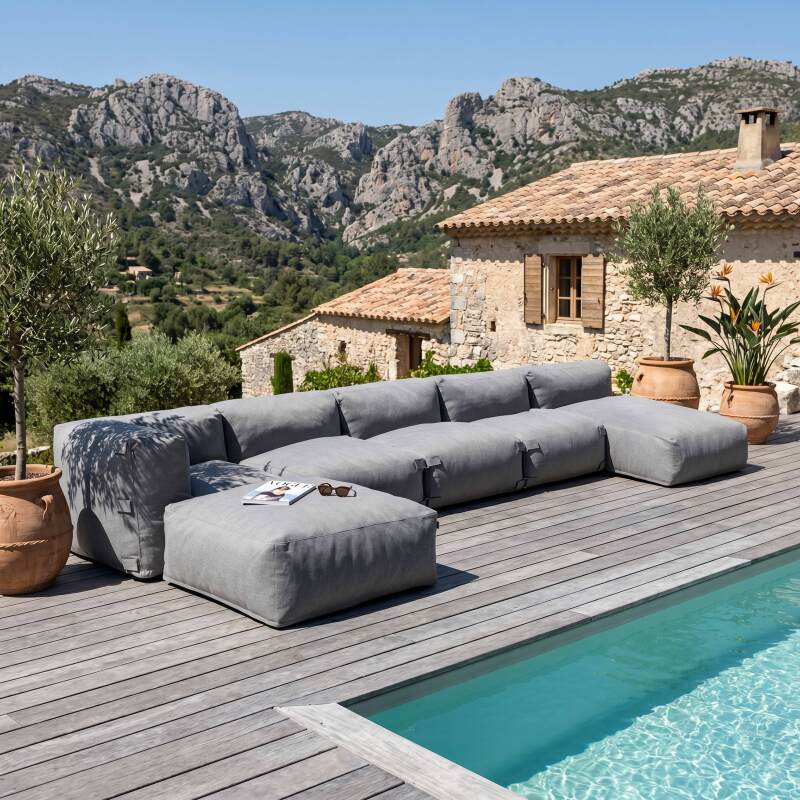 Sofá modular de exterior para 6 personas con 3 sillones, 1 sillón esquinero, 1 chaise longue y 1 puf