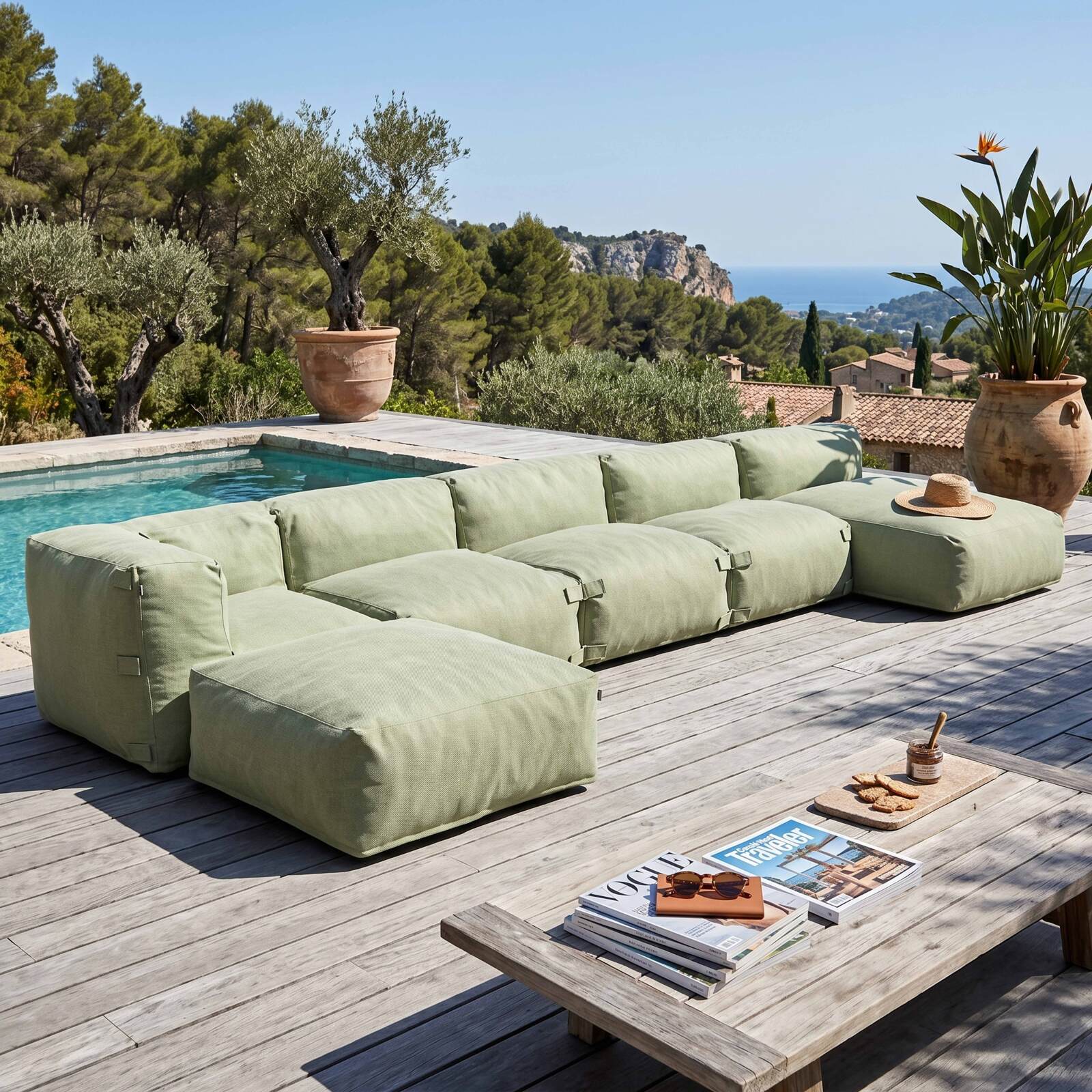 Sofá modular de exterior para 6 personas con 3 sillones, 1 sillón esquinero, 1 chaise longue y 1 puf