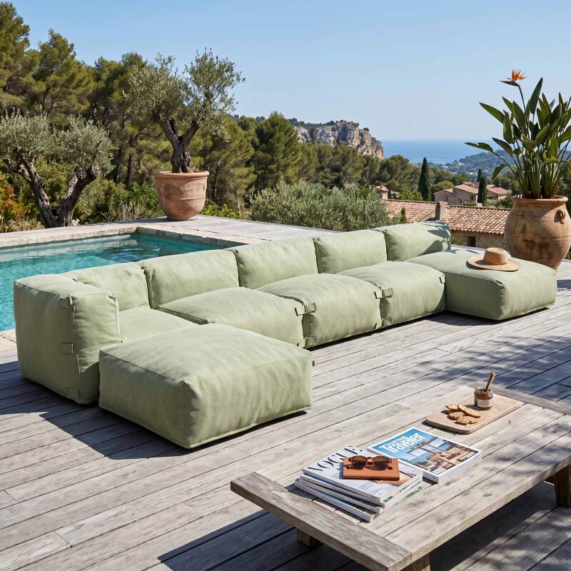 Sofá modular de exterior para 6 personas con 3 sillones, 1 sillón esquinero, 1 chaise longue y 1 puf