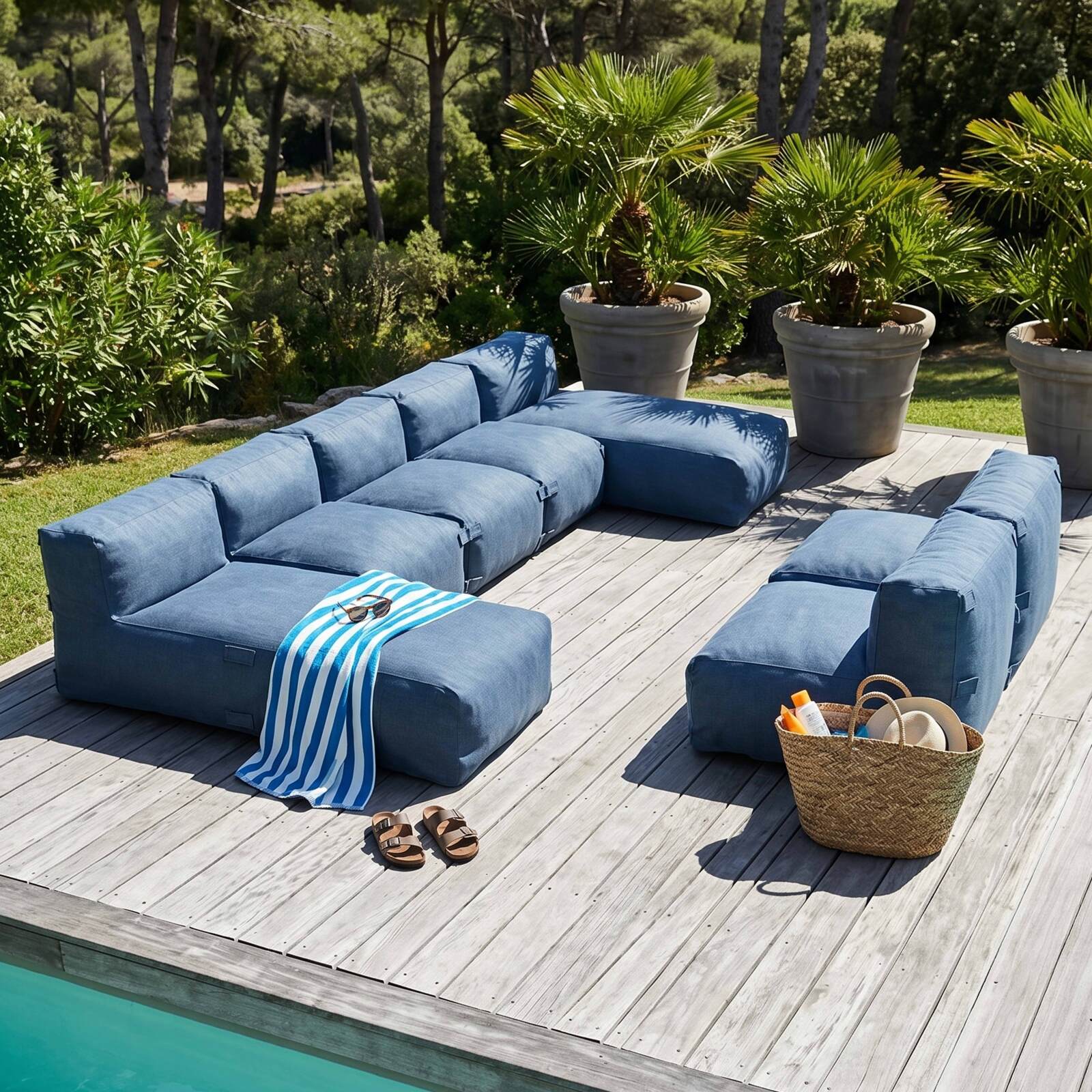 Sofá modular de exterior para 7 personas con 5 sillones y 2 chaise longue