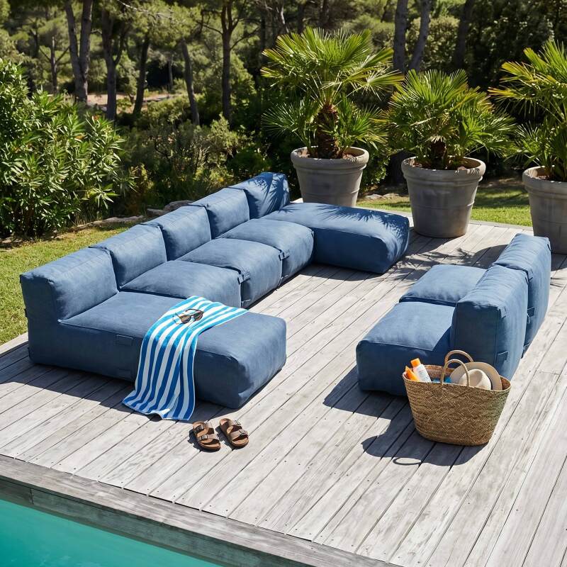 Sofá modular de exterior para 7 personas con 5 sillones y 2 chaise longue