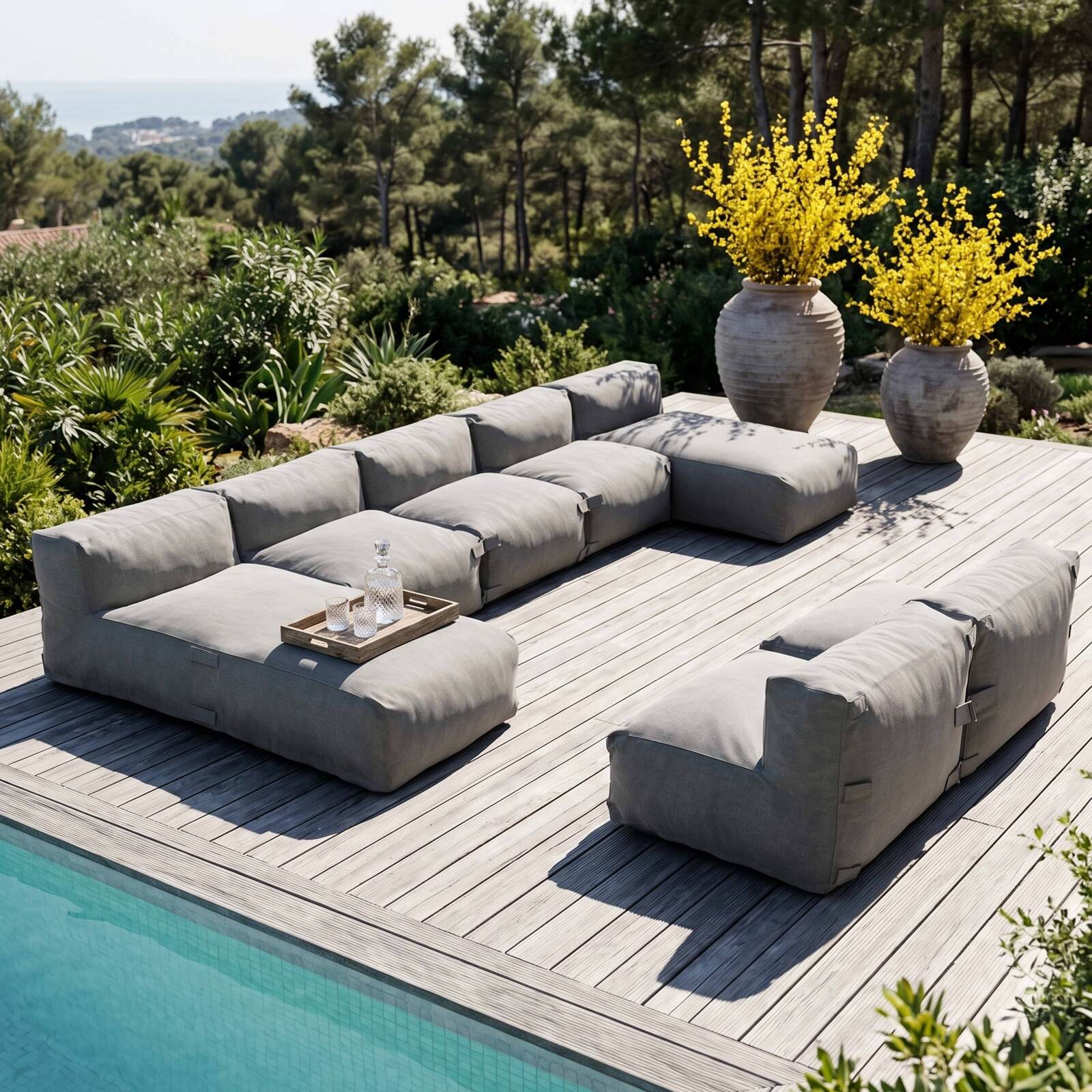 Sofá modular de exterior para 7 personas con 5 sillones y 2 chaise longue