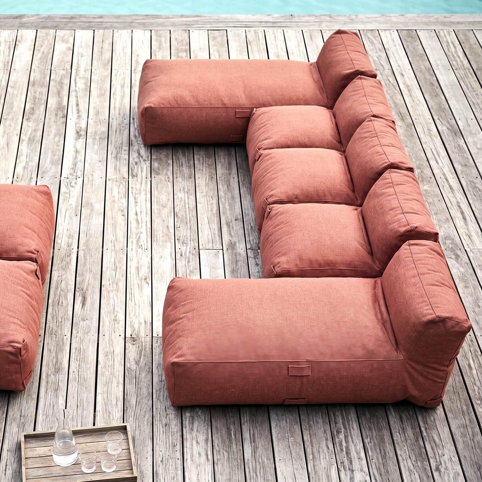 Sofá modular de exterior para 7 personas con 5 sillones y 2 chaise longue