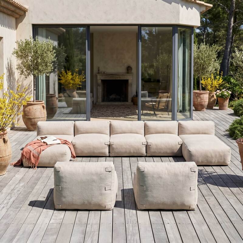 Sofá modular de exterior para 7 personas con 5 sillones y 2 chaise longue