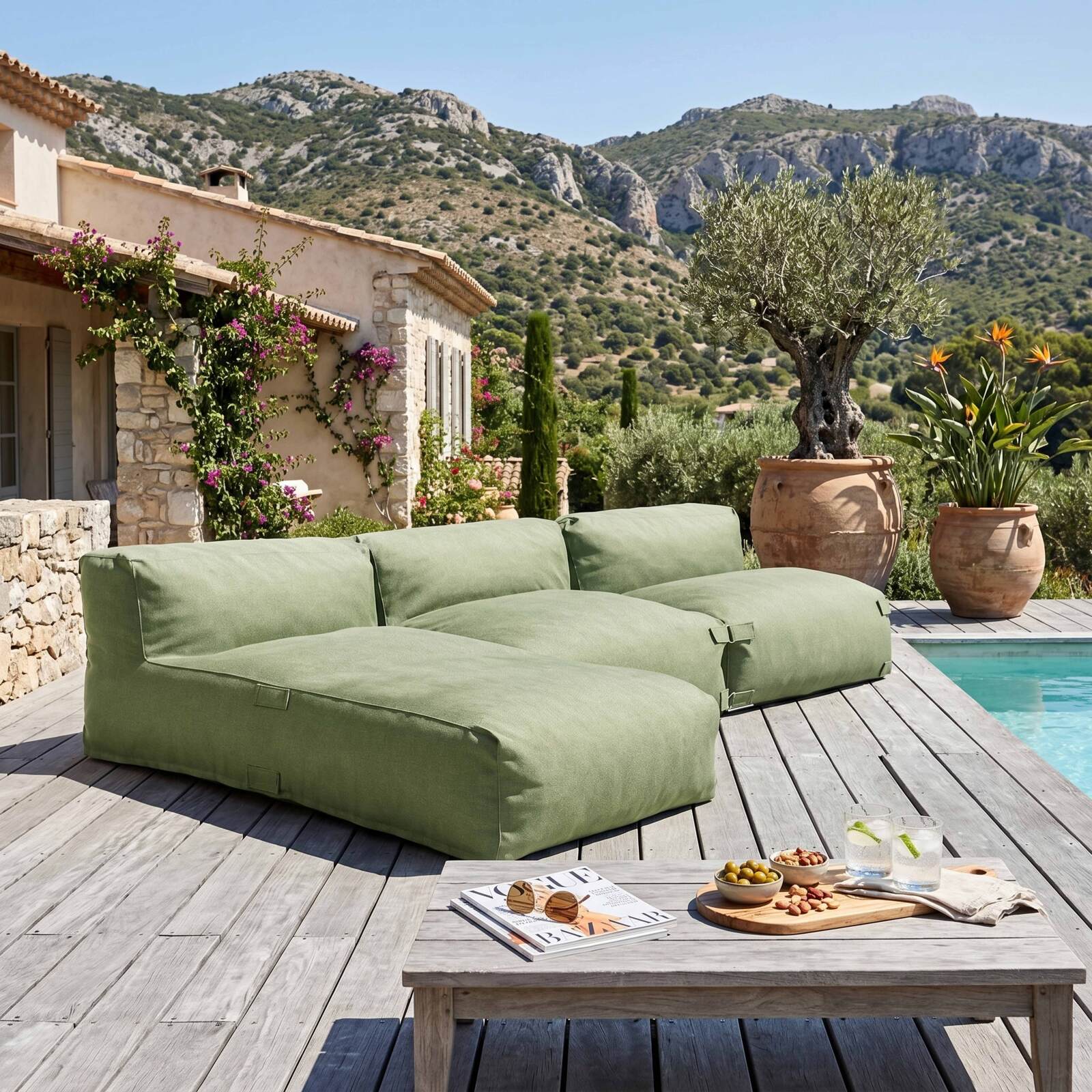 Sofá modular de exterior para 3 personas con 2 sillones y 1 chaise longue