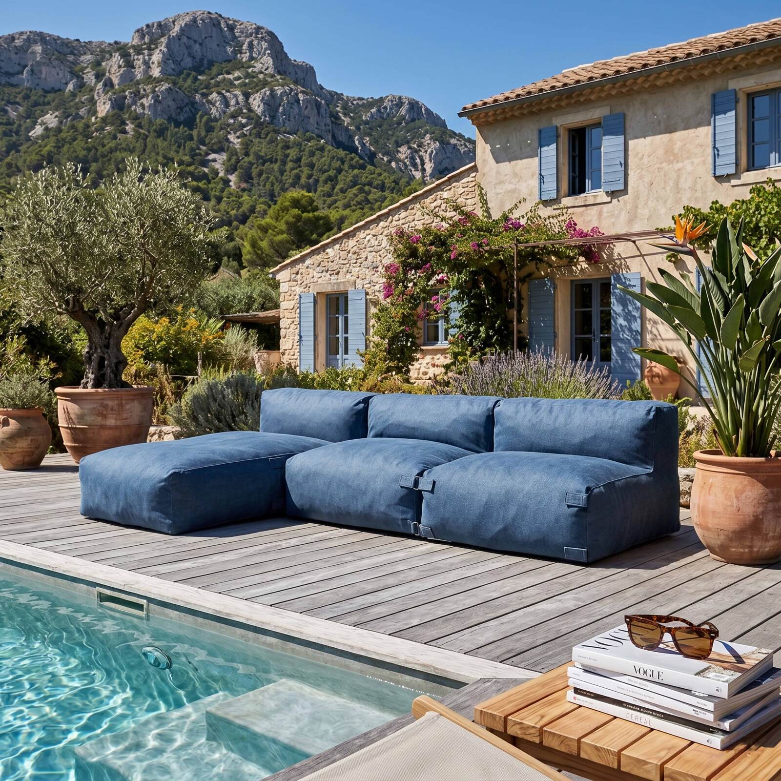 Sofá modular de exterior para 3 personas con 2 sillones y 1 chaise longue