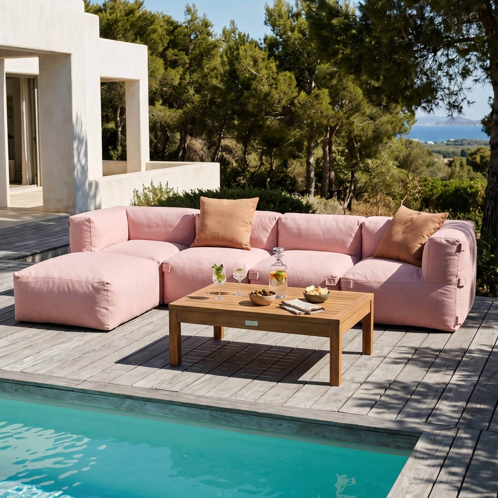 Sofá modular de exterior para 5 personas con 2 sillones, 2 sillones esquineros y 1 puf