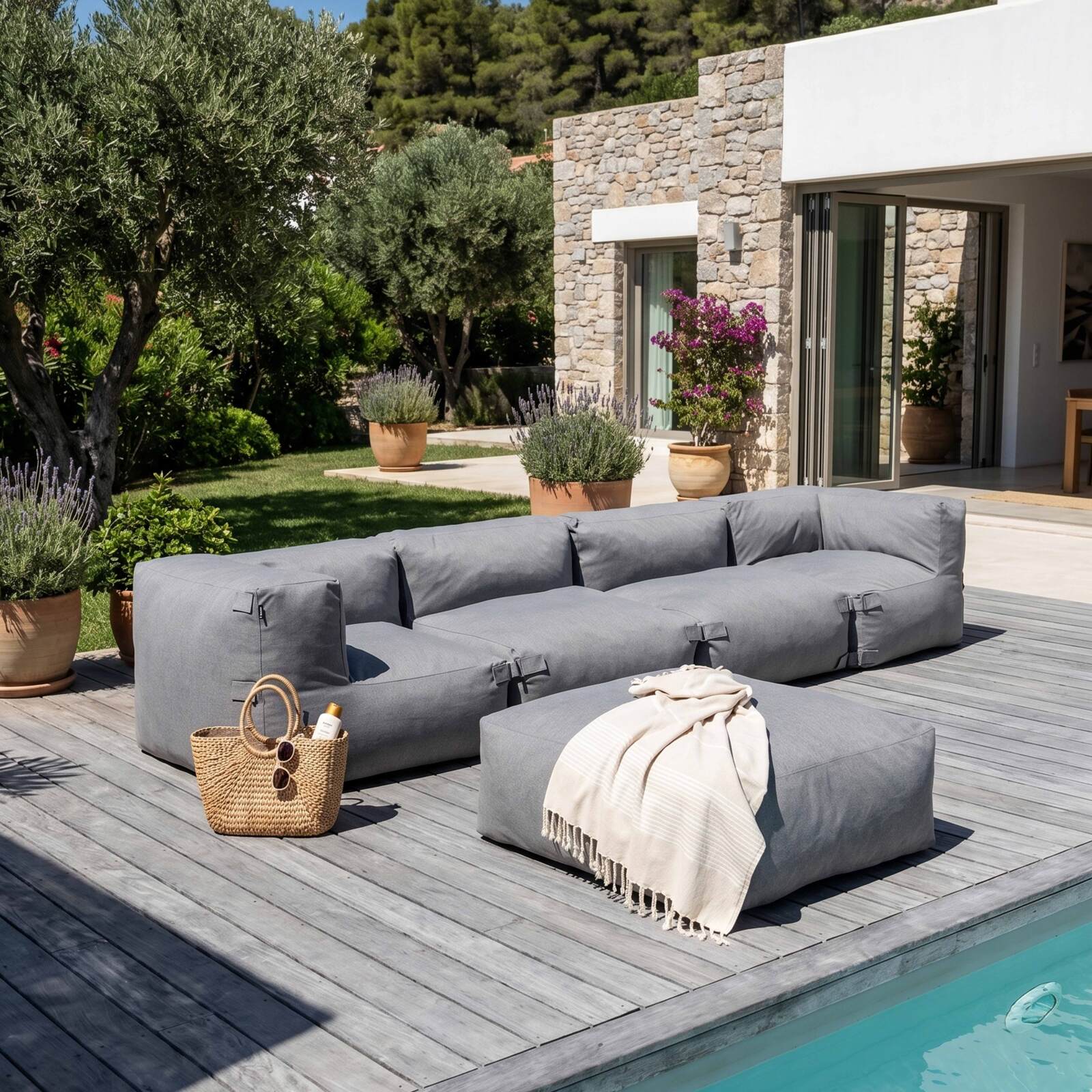 Sofá modular de exterior para 5 personas con 2 sillones, 2 sillones esquineros y 1 puf
