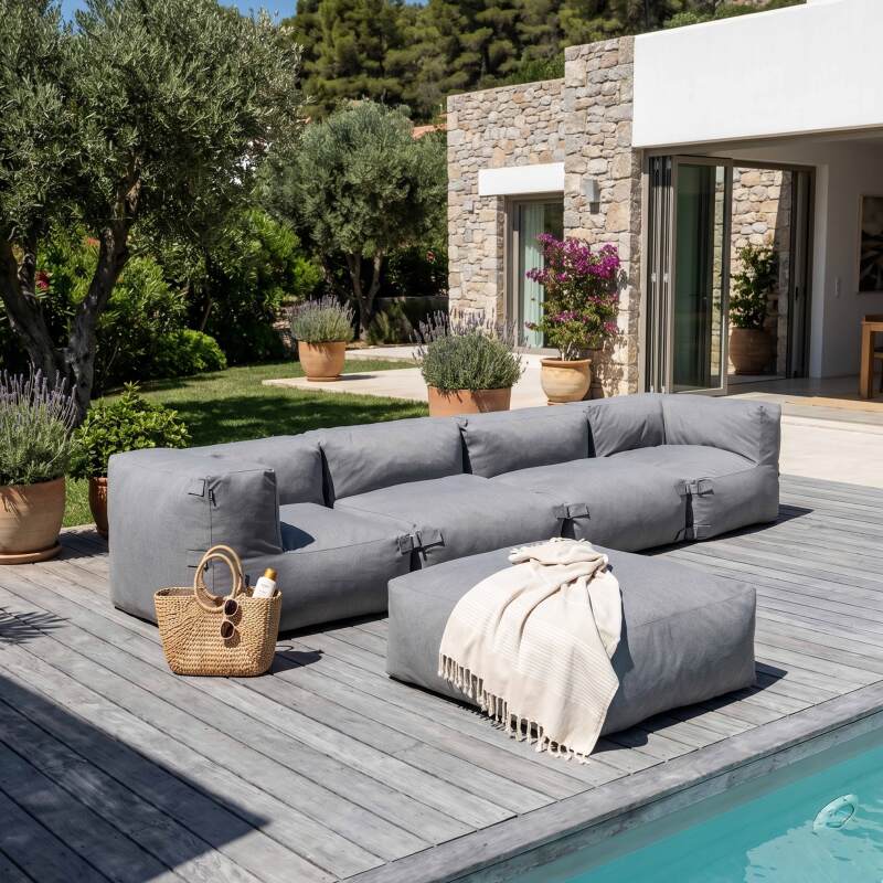 Sofá modular de exterior para 5 personas con 2 sillones, 2 sillones esquineros y 1 puf