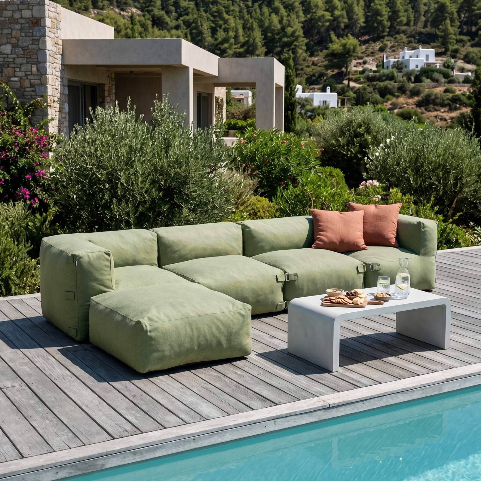Sofá modular de exterior para 5 personas con 2 sillones, 2 sillones esquineros y 1 puf
