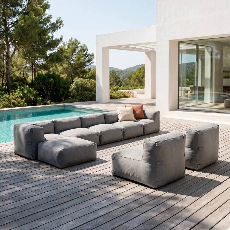 Sofá modular de exterior para 8 personas con 5 sillones, 2 sillones esquineros y 1 puf
