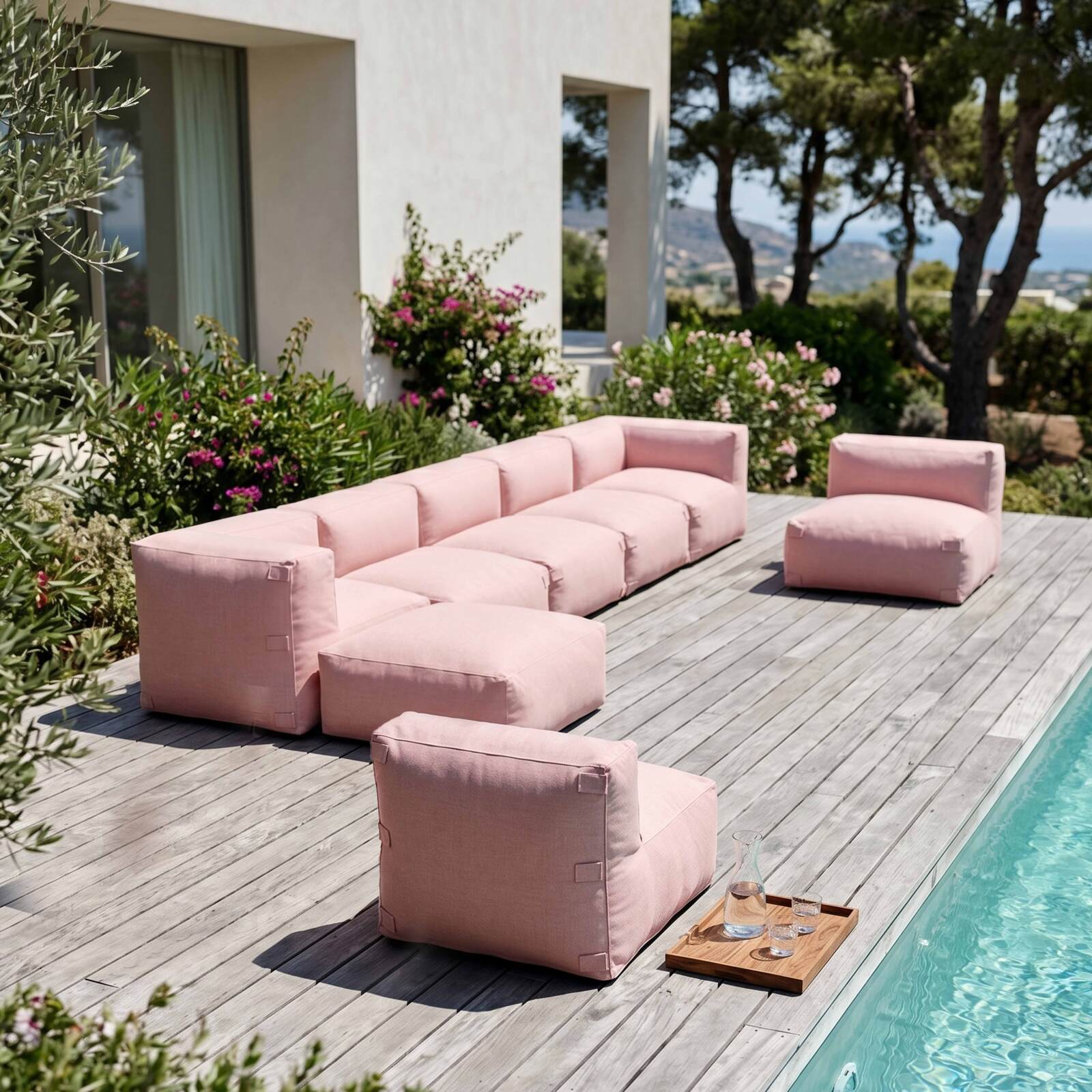Sofá modular de exterior para 8 personas con 5 sillones, 2 sillones esquineros y 1 puf