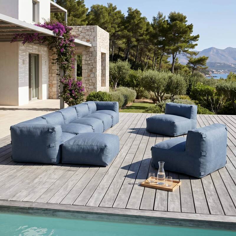 Sofá modular de exterior para 8 personas con 5 sillones, 2 sillones esquineros y 1 puf