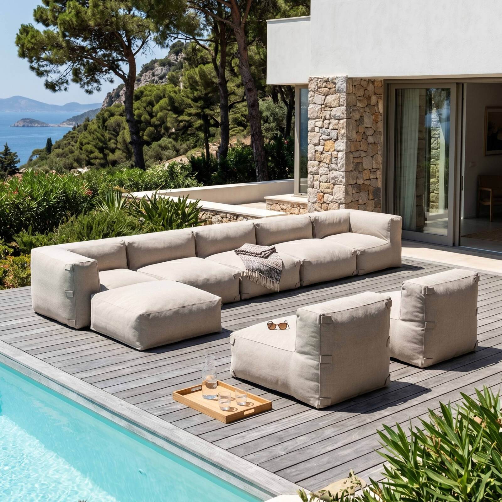 Sofá modular de exterior para 8 personas con 5 sillones, 2 sillones esquineros y 1 puf