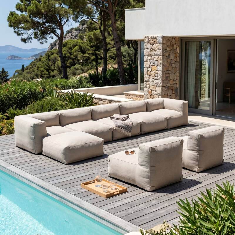Sofá modular de exterior para 8 personas con 5 sillones, 2 sillones esquineros y 1 puf