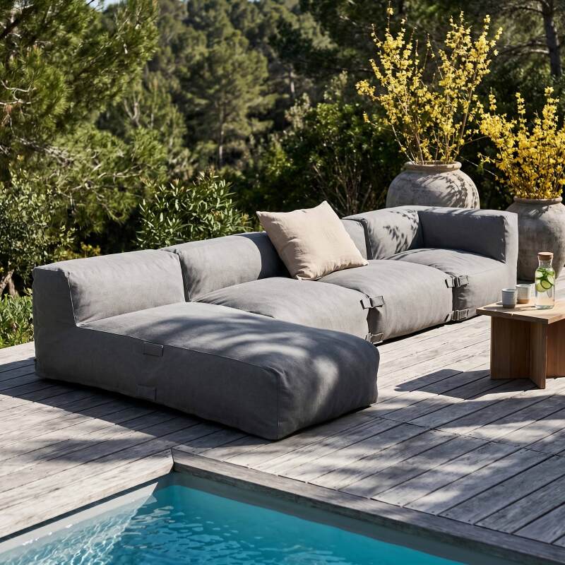 Sofá modular de exterior para 4 personas con 2 sillones, 1 sillón esquinero y 1 chaise longue