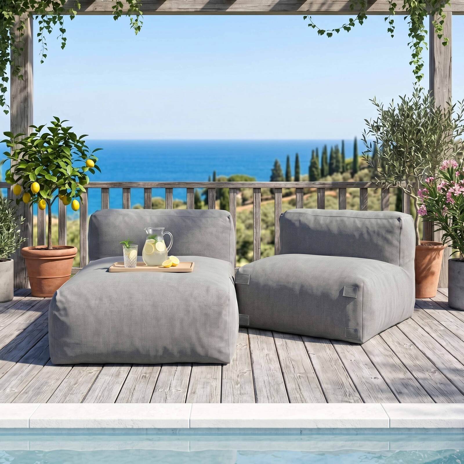 Sofá modular de exterior para 2 personas con 1 sillón y 1 chaise longue