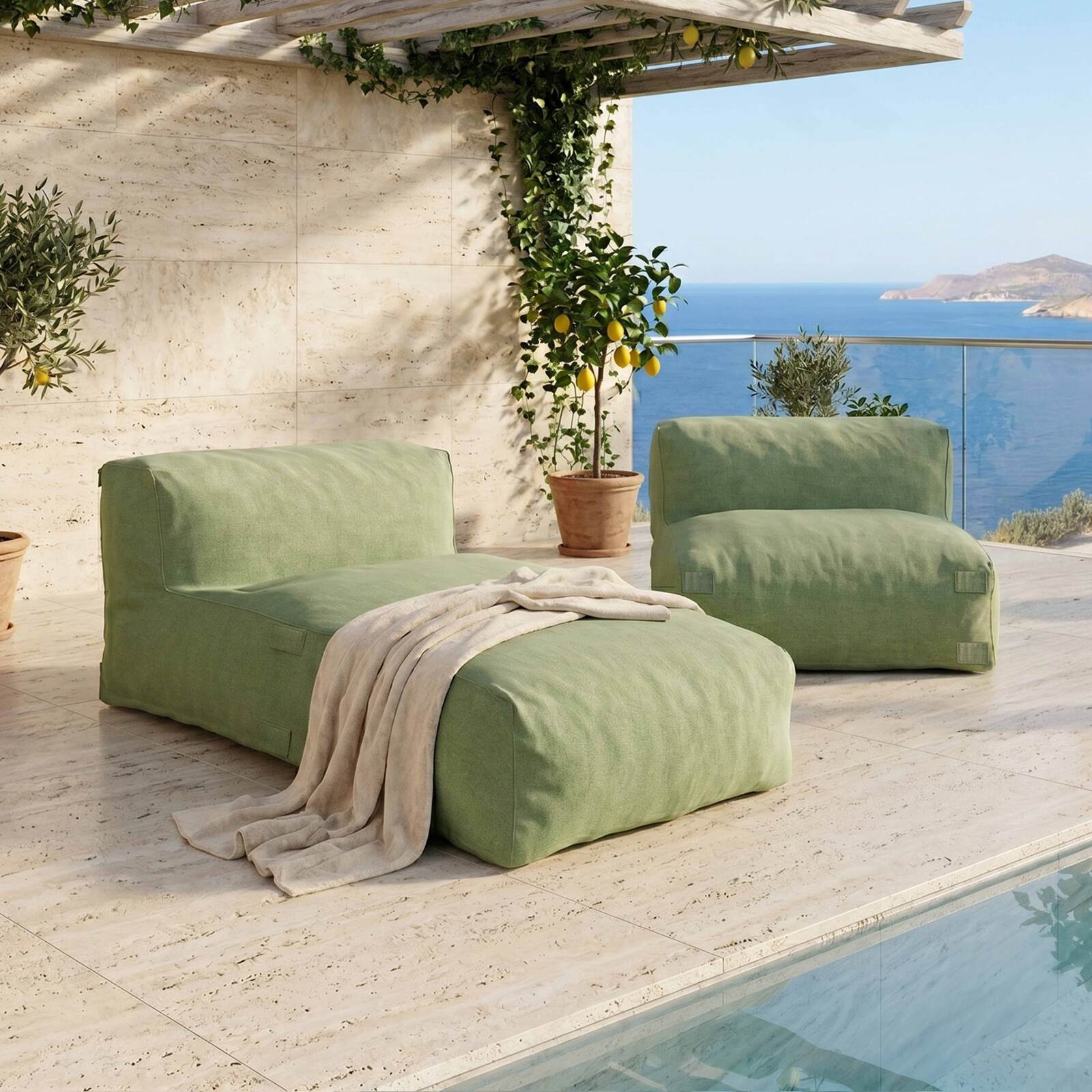 Sofá modular de exterior para 2 personas con 1 sillón y 1 chaise longue
