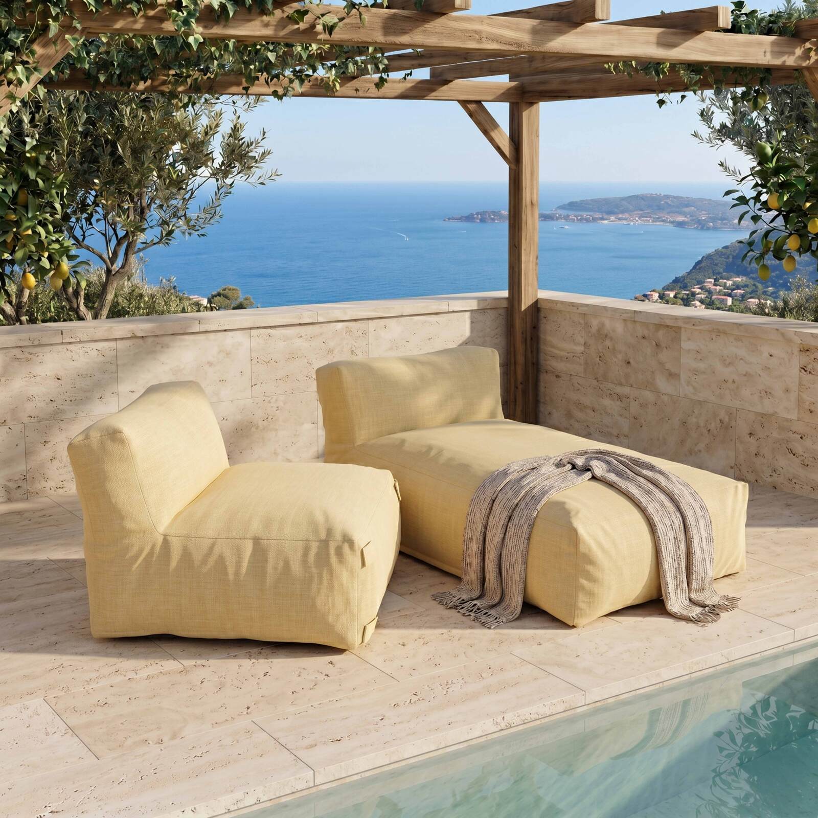 Sofá modular de exterior para 2 personas con 1 sillón y 1 chaise longue