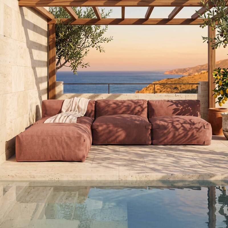Sofá modular de exterior para 4 personas con 3 sillones y 1 puf - Lifestyle