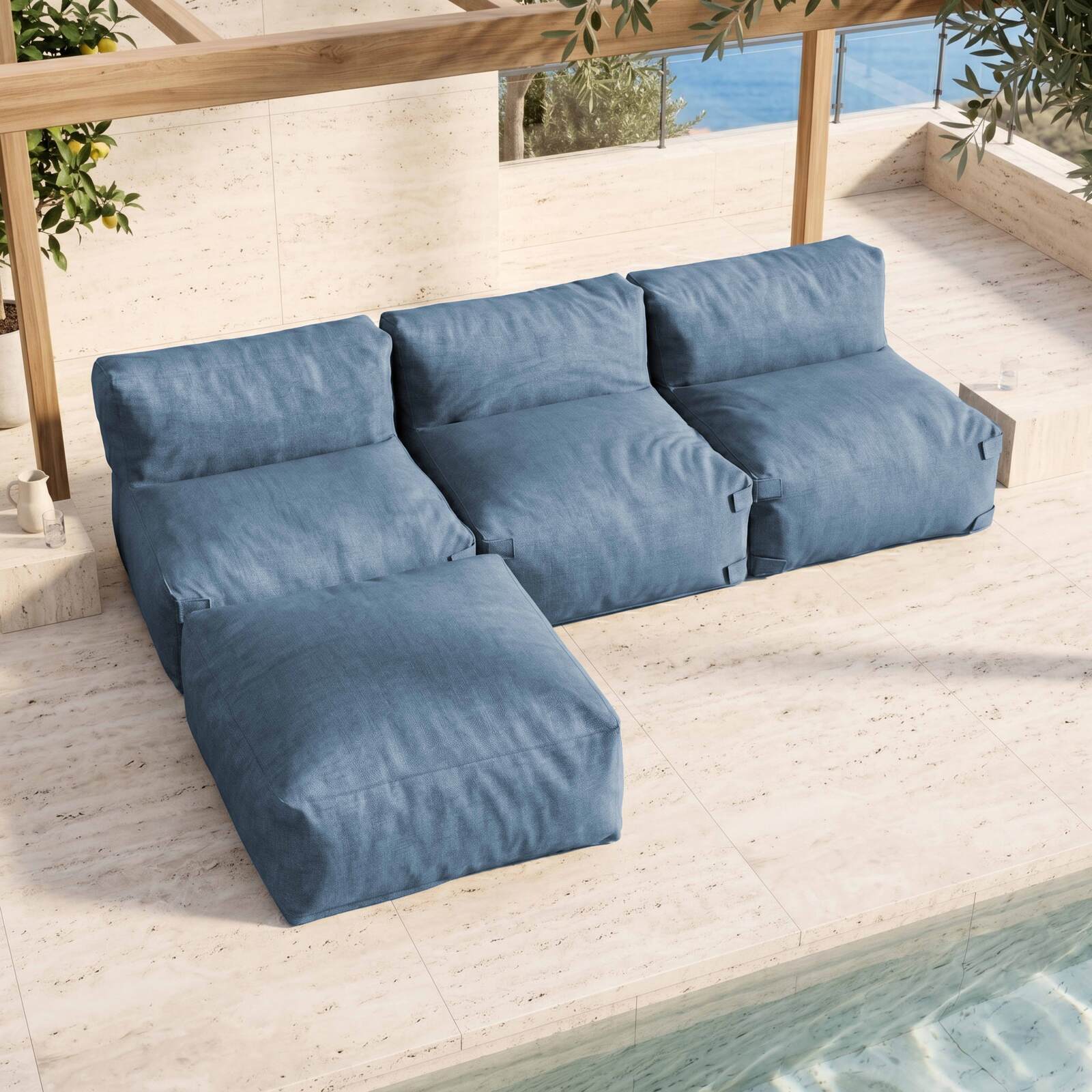 Sofá modular de exterior para 4 personas con 3 sillones y 1 puf