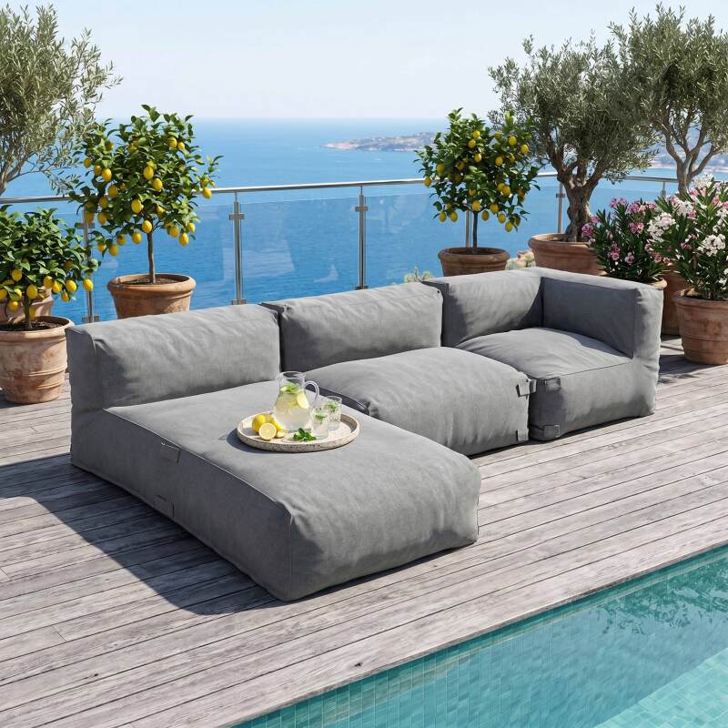 Sofá modular de exterior para 3 personas con 1 sillón, 1 sillón esquinero y 1 chaise longue - Lifestyle