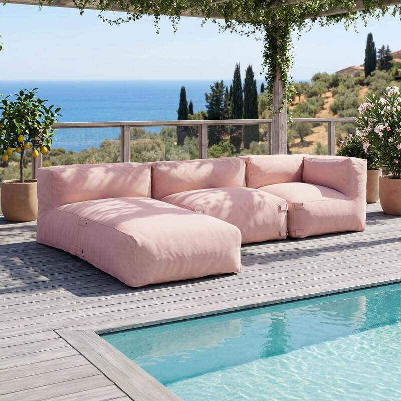 Sofá modular de exterior para 3 personas con 1 sillón, 1 sillón esquinero y 1 chaise longue - Lifestyle