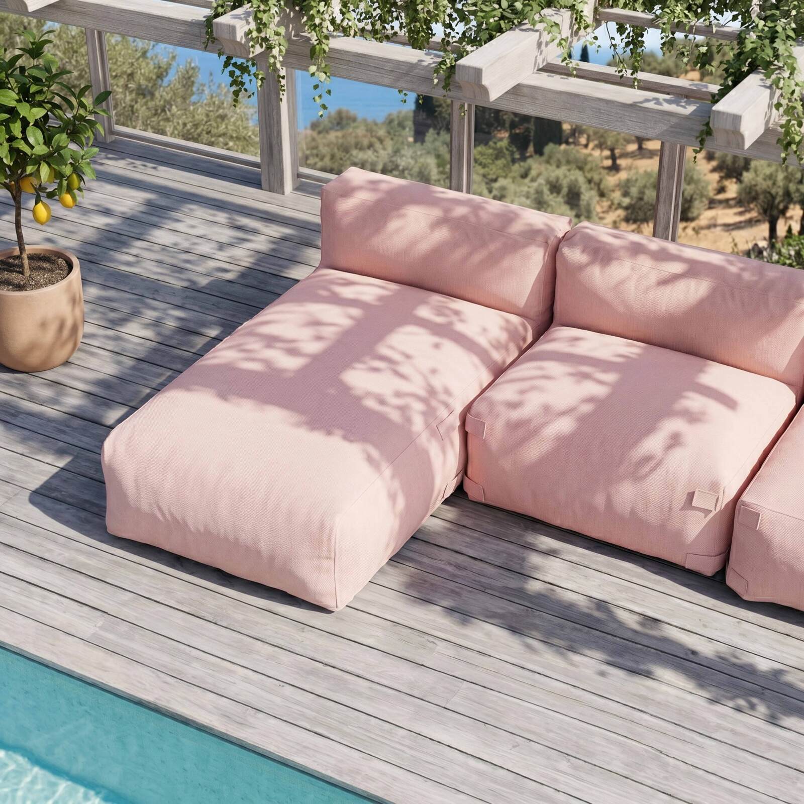 Sofá modular de exterior para 3 personas con 1 sillón, 1 sillón esquinero y 1 chaise longue