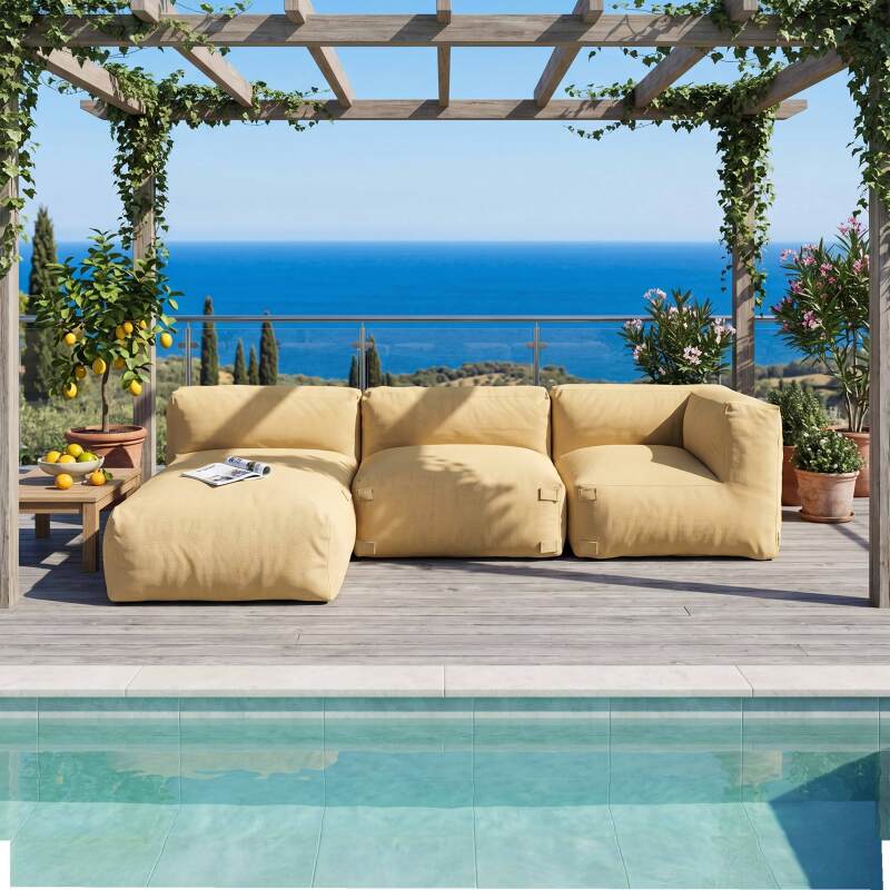 Sofá modular de exterior para 3 personas con 1 sillón, 1 sillón esquinero y 1 chaise longue - Lifestyle