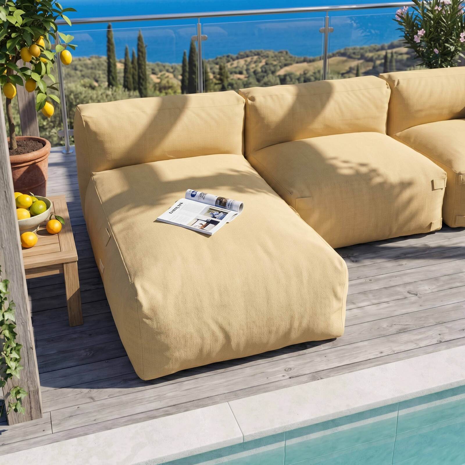 Sofá modular de exterior para 3 personas con 1 sillón, 1 sillón esquinero y 1 chaise longue