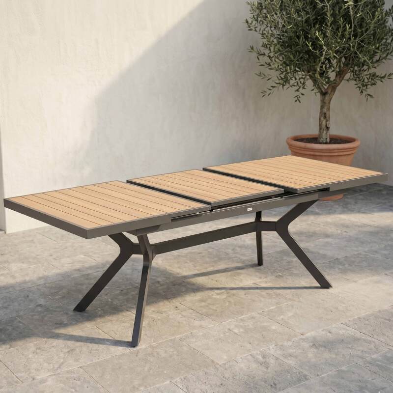 Mesa de jardín extensible de aluminio 187/250x90 cm y 10 sillas con reposabrazos de textilene (5/7)