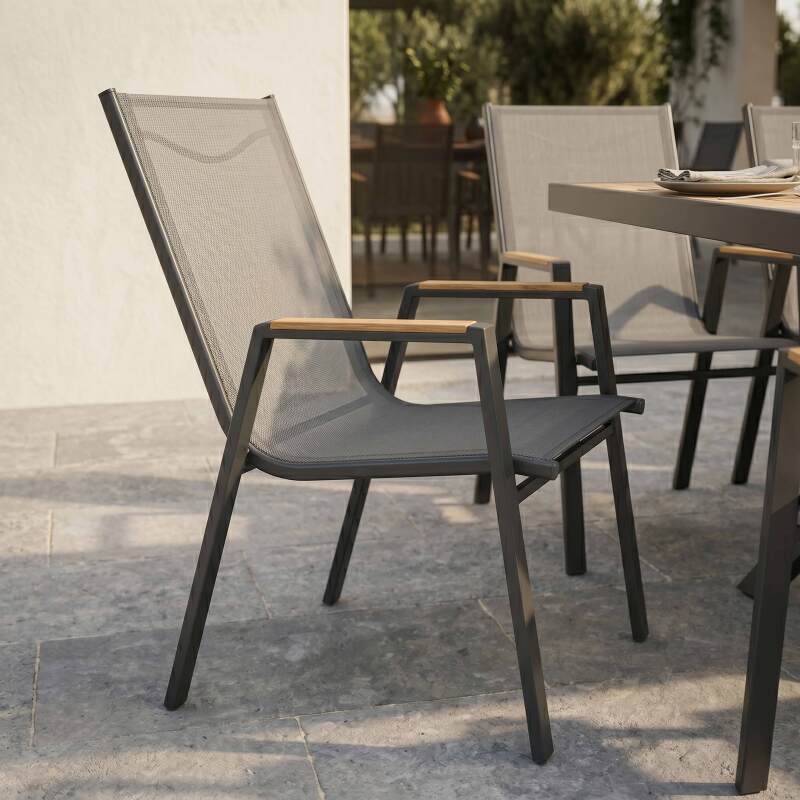 Mesa de jardín extensible de aluminio 187/250x90 cm y 10 sillas con reposabrazos de textilene (3/7)