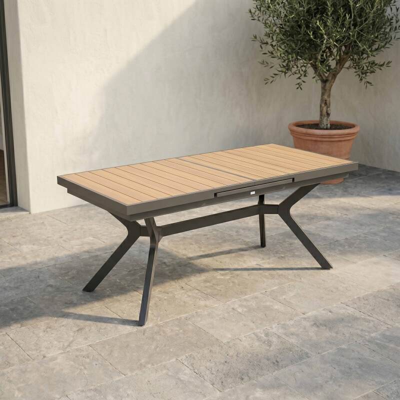 Mesa de jardín extensible de aluminio 187/250x90 cm y 10 sillas con reposabrazos de textilene (4/7)