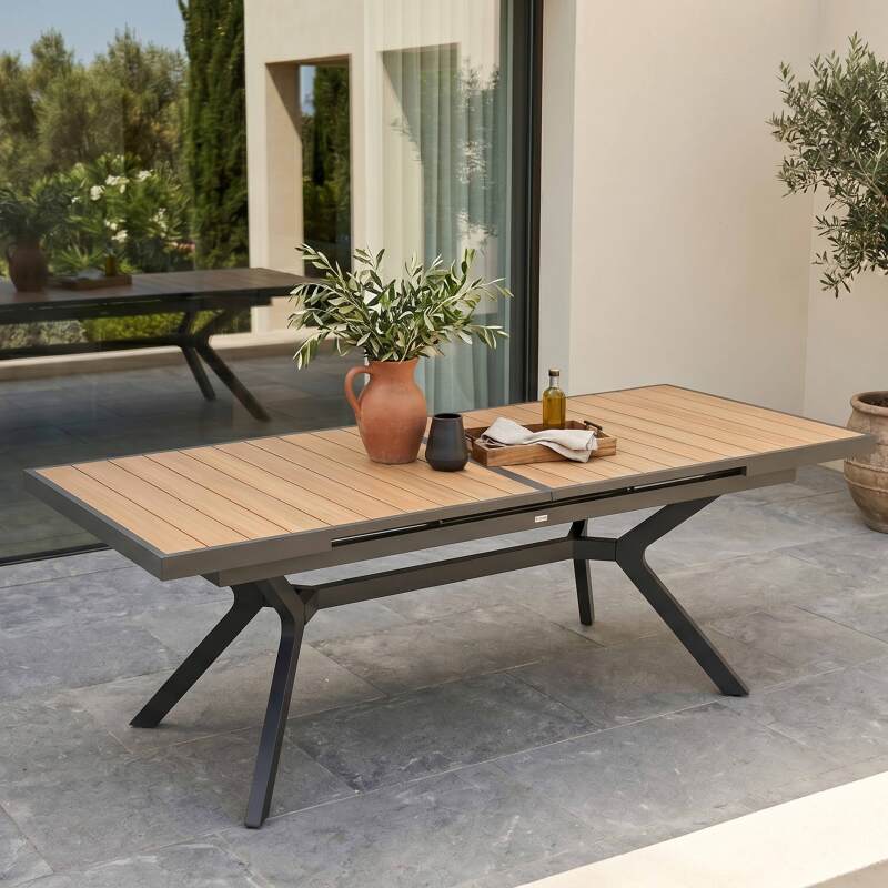 Mesa de jardín extensible de aluminio y efecto madera 8 a 10 personas 187/250x90 cm  (3/7)