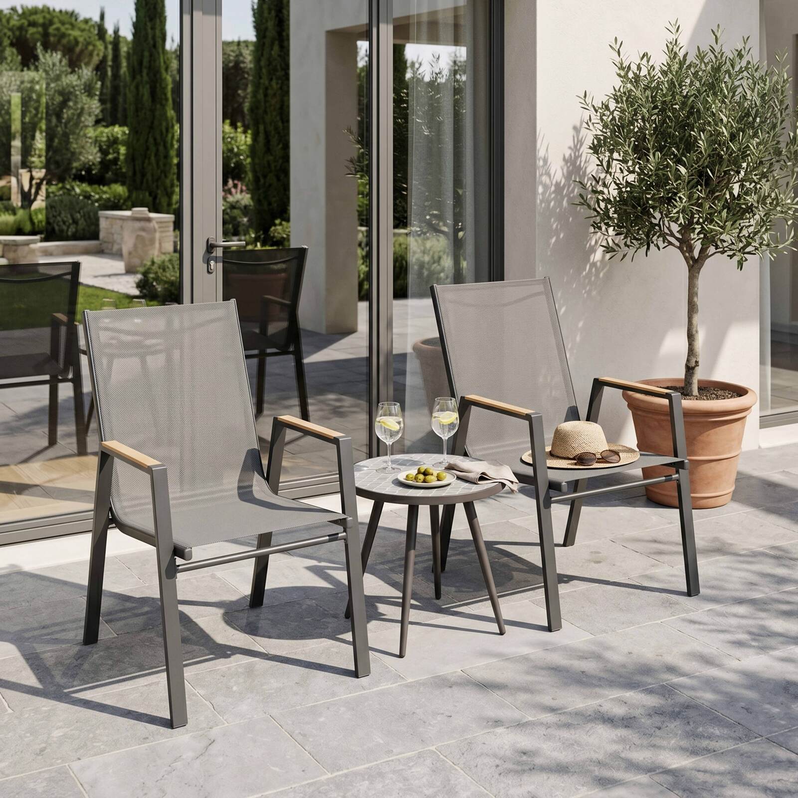 Sillas de jardín de aluminio y textileno con reposabrazos - Lote de 2