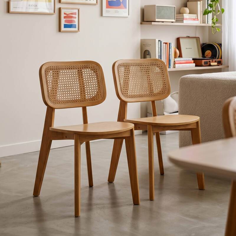 Sillas de madera de olmo y ratán natural con respaldo de tejido de enea - Lote de 2