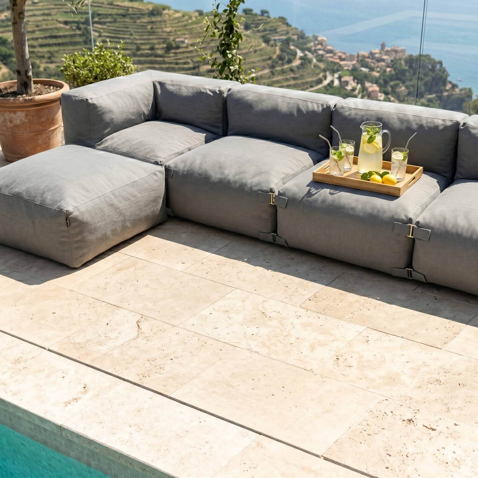 Sofá modular de exterior para 6 personas con 3 sillones, 2 sillones esquineros y 1 puf