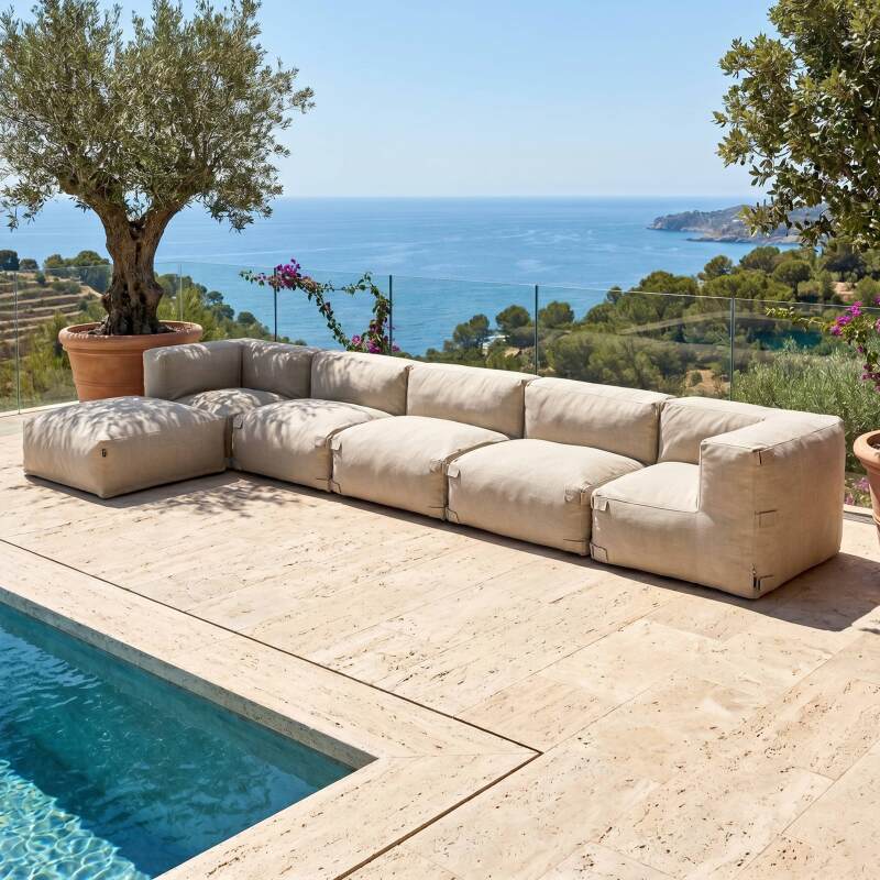 Sofá modular de exterior para 6 personas con 3 sillones, 2 sillones esquineros y 1 puf - Lifestyle
