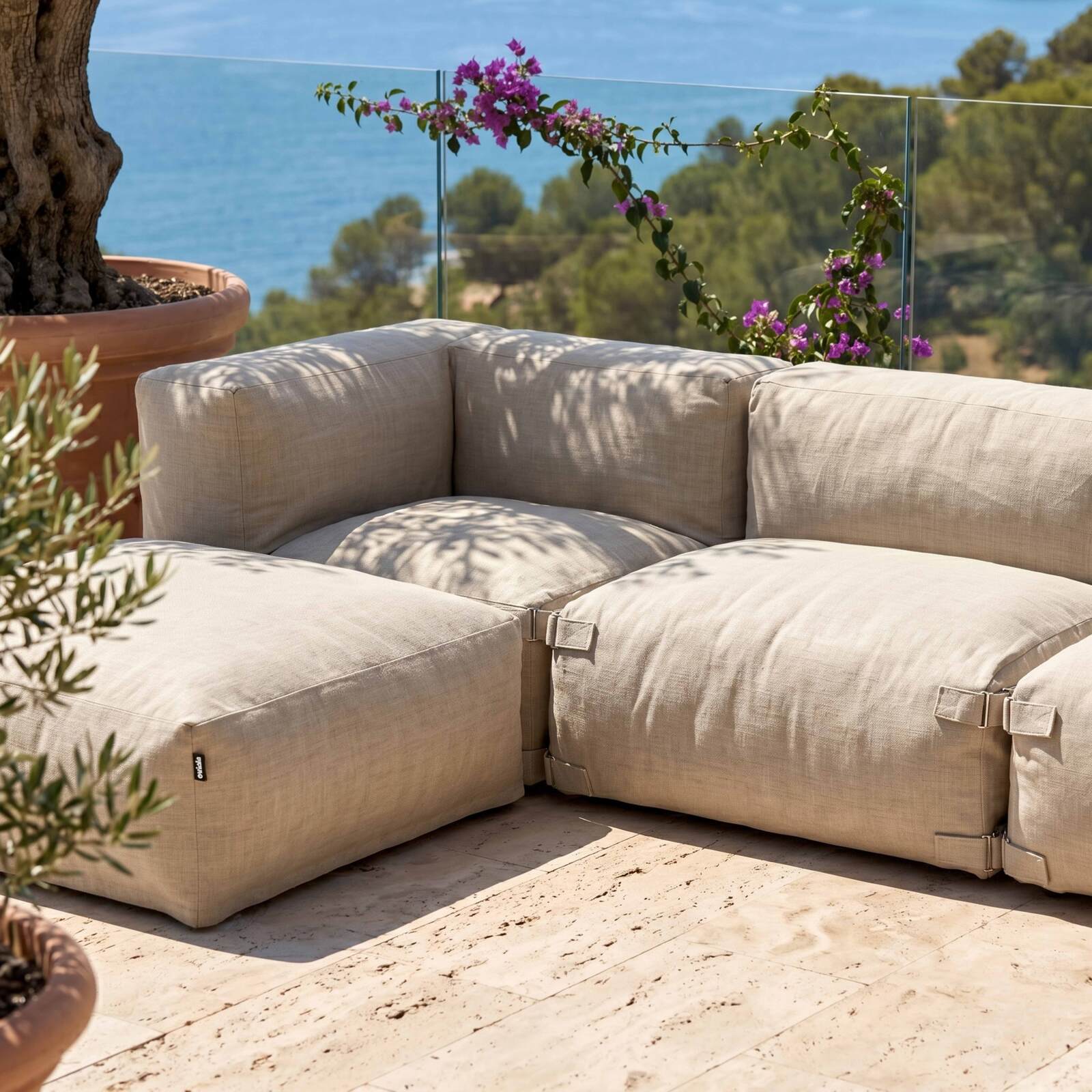 Sofá modular de exterior para 6 personas con 3 sillones, 2 sillones esquineros y 1 puf