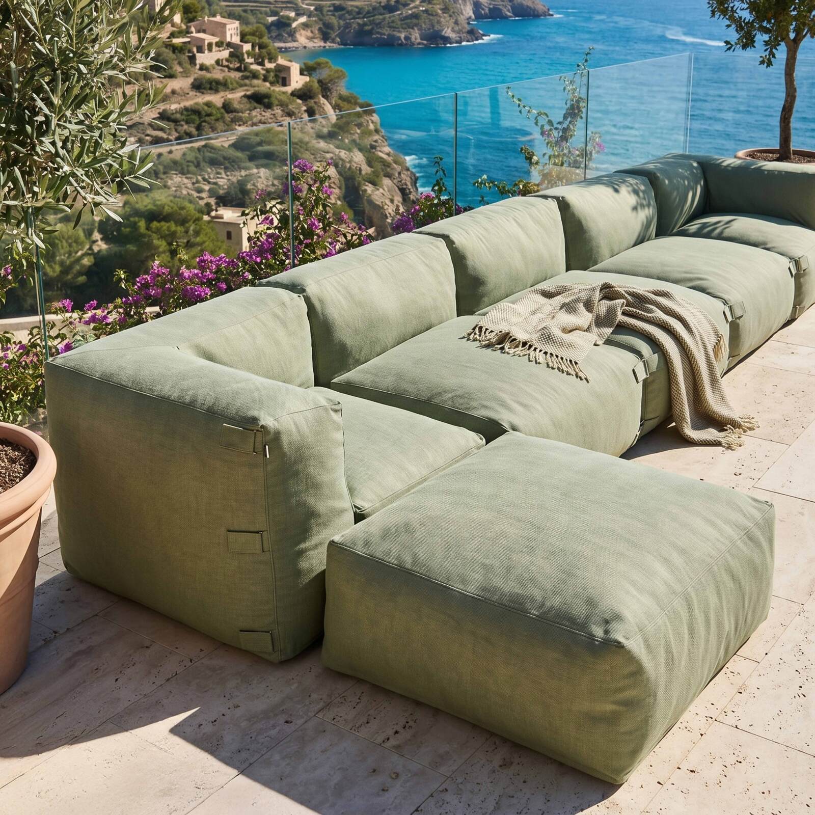 Sofá modular de exterior para 6 personas con 3 sillones, 2 sillones esquineros y 1 puf