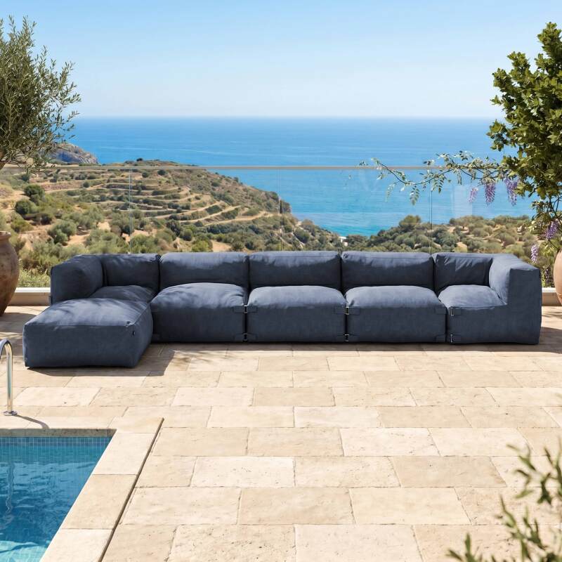 Sofá modular de exterior para 6 personas con 3 sillones, 2 sillones esquineros y 1 puf - Lifestyle