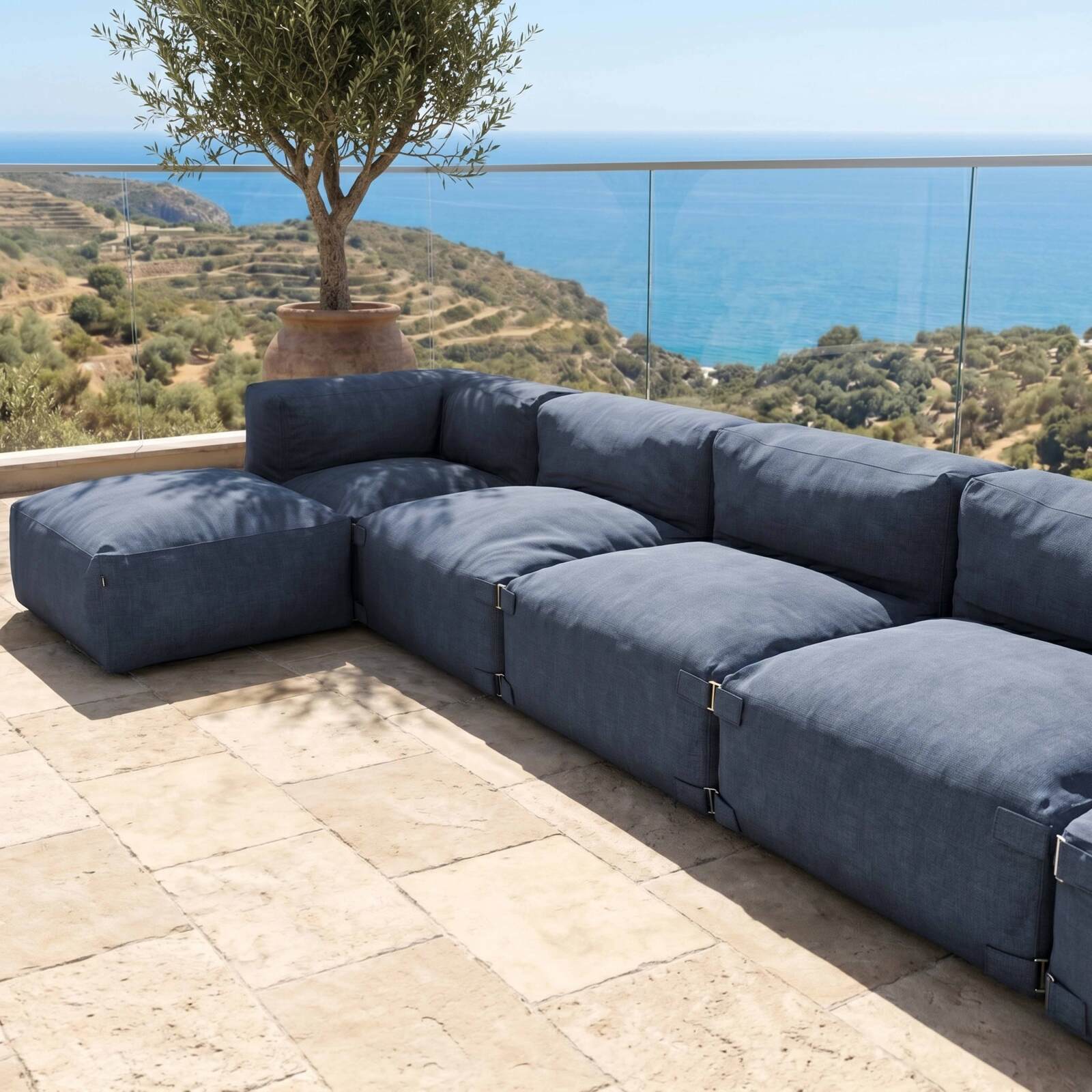 Sofá modular de exterior para 6 personas con 3 sillones, 2 sillones esquineros y 1 puf