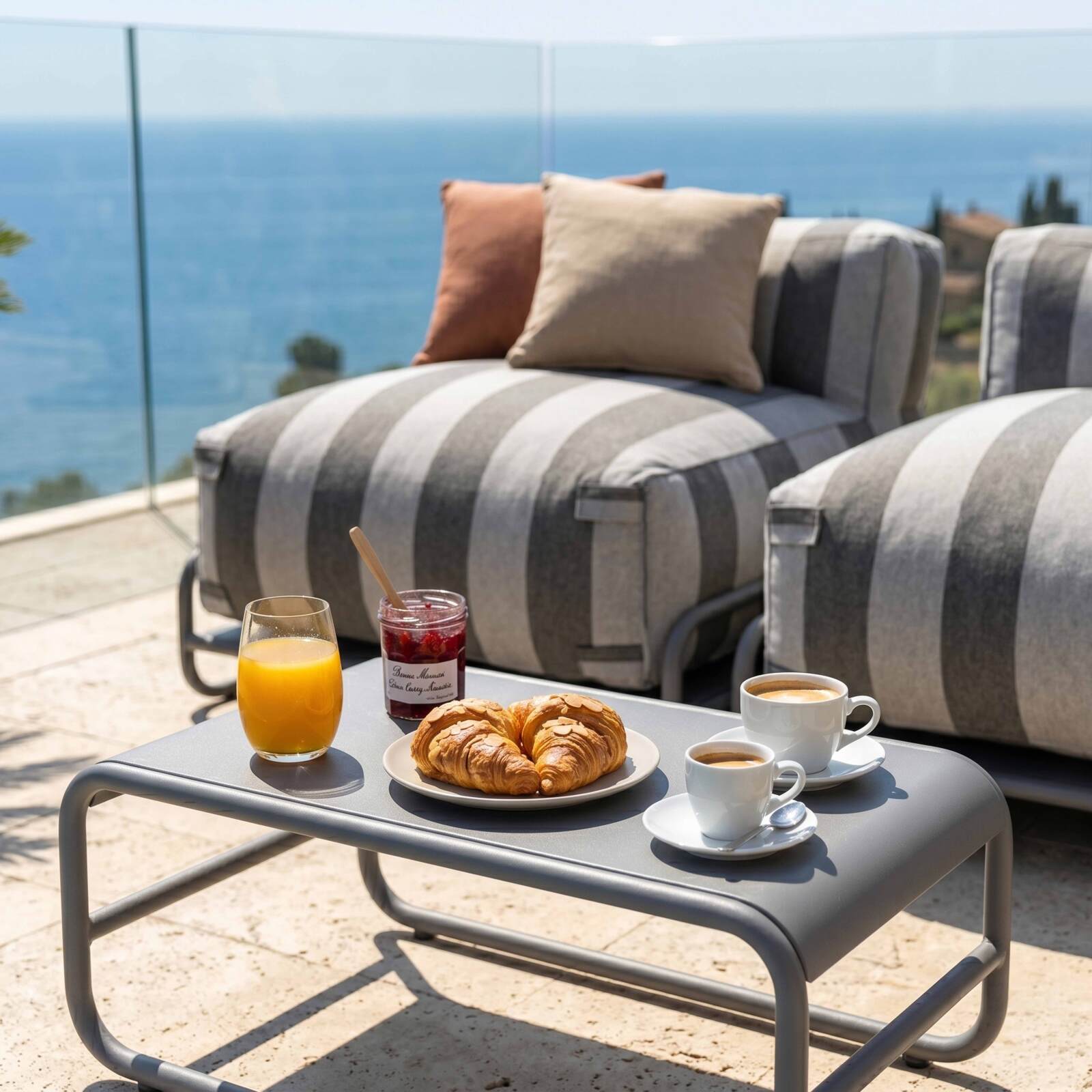 Sofá modular de exterior a rayas para 4 personas con estructura, 3 sillones, 1 puf, y mesa de centro