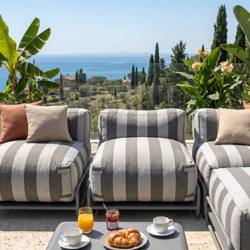 Sofá modular de exterior a rayas para 4 personas con estructura, 3 sillones, 1 puf, y mesa de centro (2/7)
