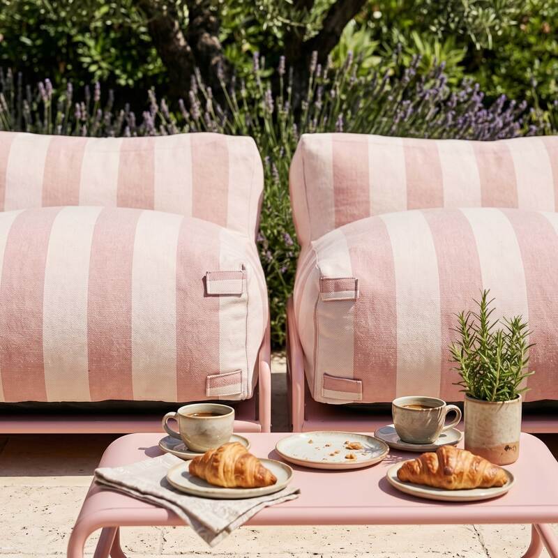 Sofá modular de exterior a rayas para 4 personas con estructura, 3 sillones, 1 puf, y mesa de centro (2/7)