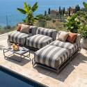 Sofá modular de exterior a rayas para 4 personas con estructura, 3 sillones, 1 puf, y mesa de centro