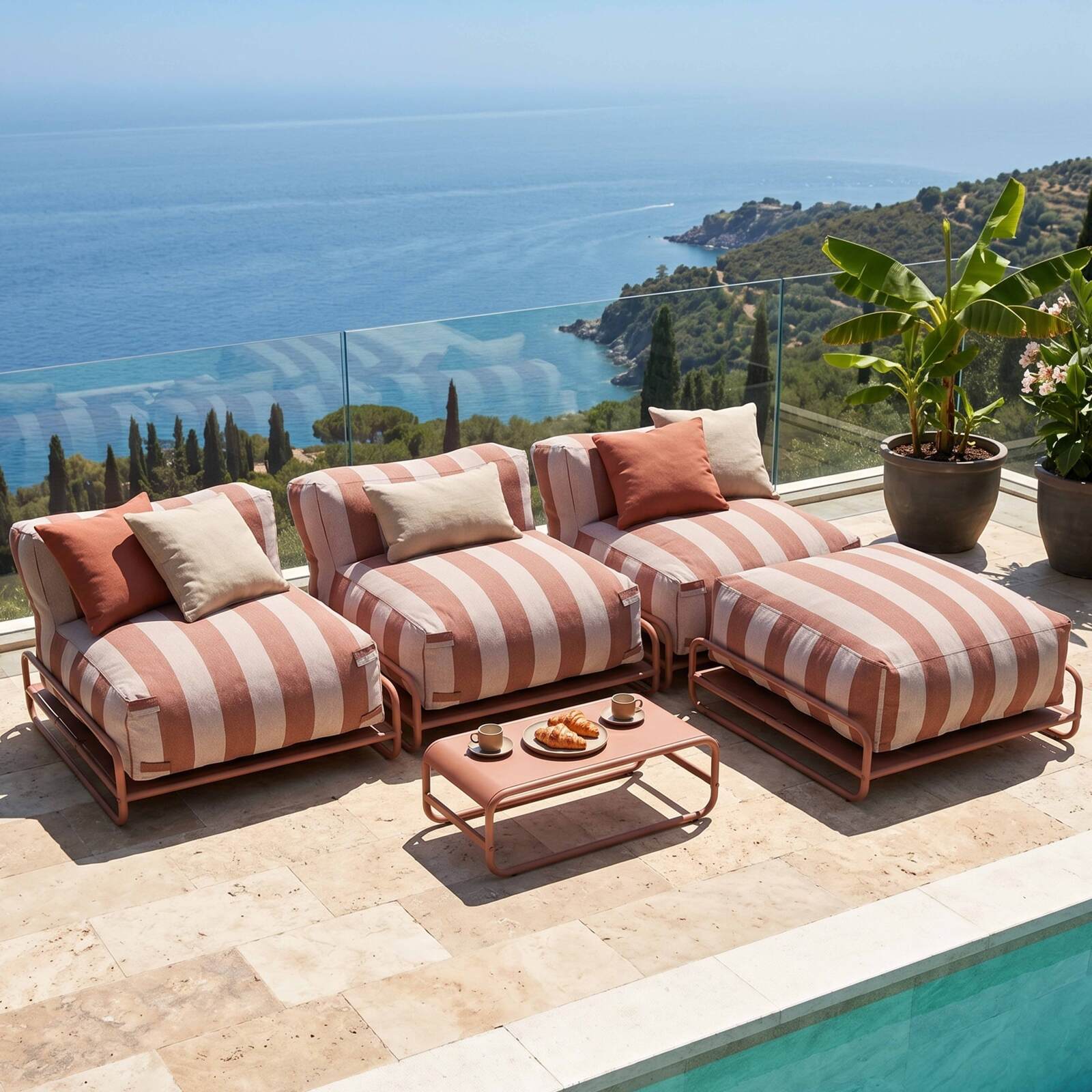 Sofá modular de exterior a rayas para 4 personas con estructura, 3 sillones, 1 puf, y mesa de centro